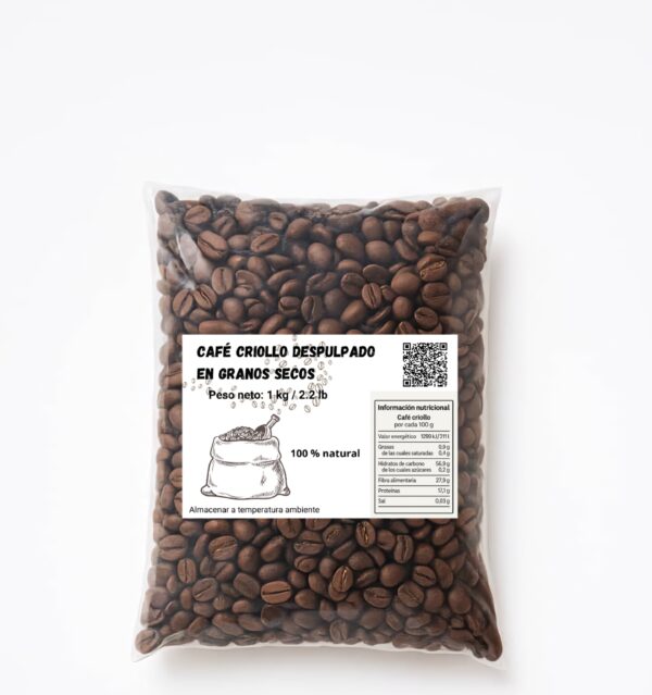 Café criollo despulpado en granos secos (1 kg / 2.2 lb)